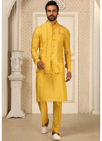 Art Silk Embroidered Yellow Color Haldi Special Mens Koti Kurta